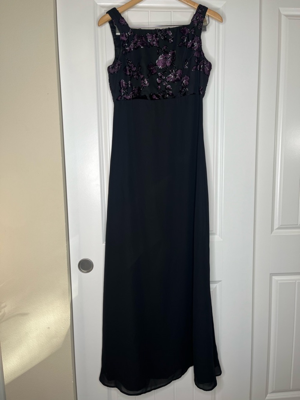 Vintage Y2K Black Formal Dress Whimsigoth Purple Floral Crushed Velvet Size 8